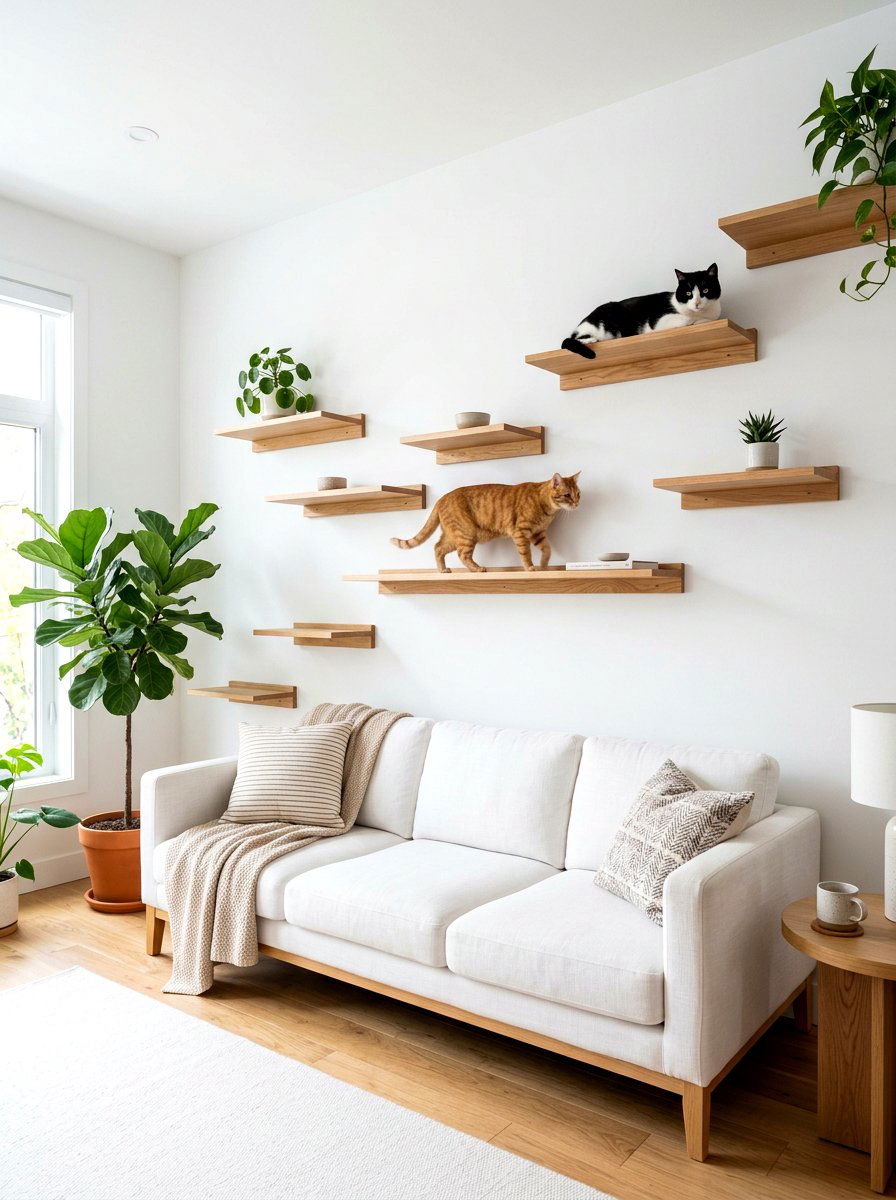Floating Wood Cat Shelves - 30 cat climbing wall aesthetic ideas