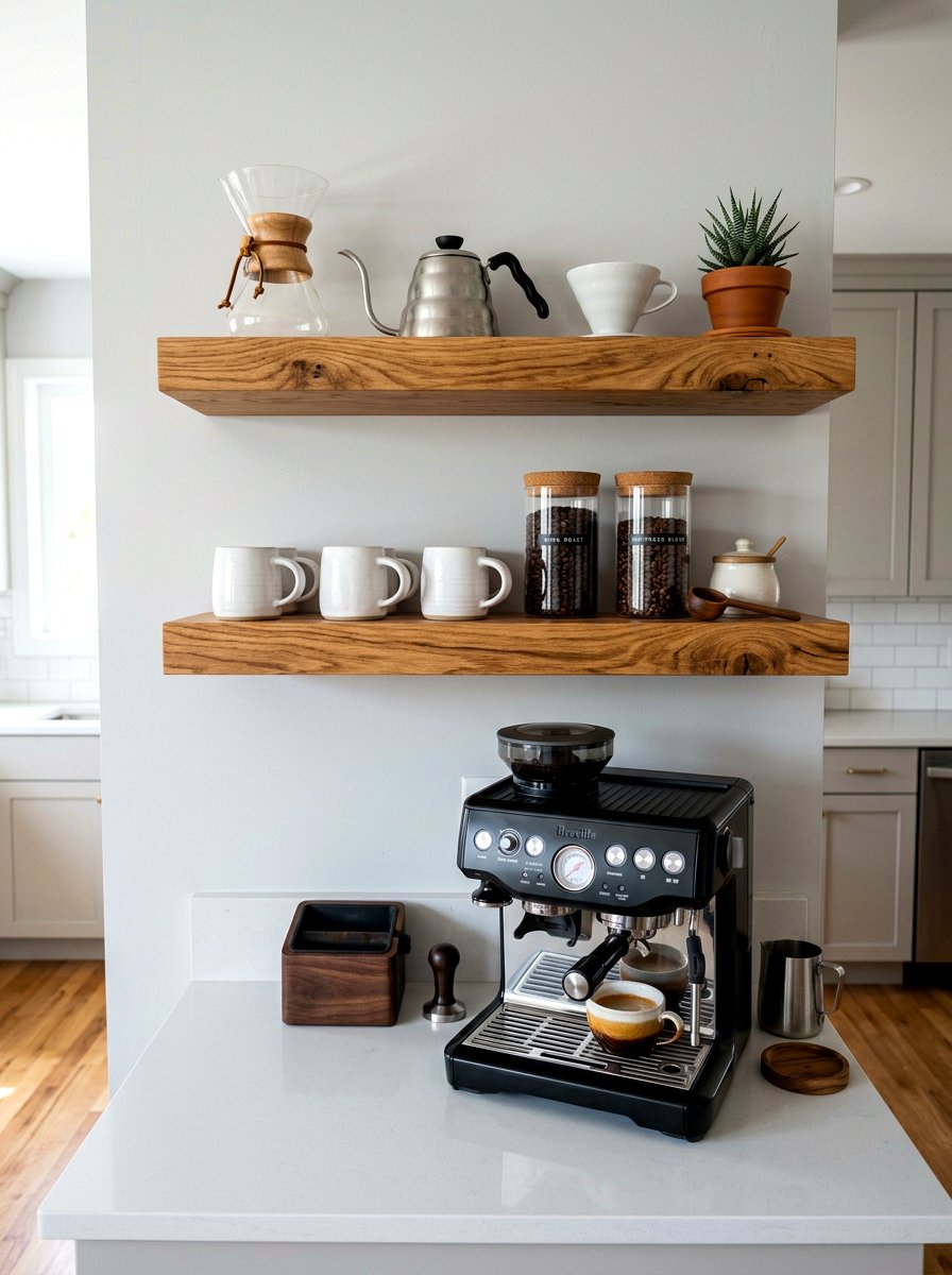Floating Wood Coffee Shelves - 30 coffee station shelf styling ideas