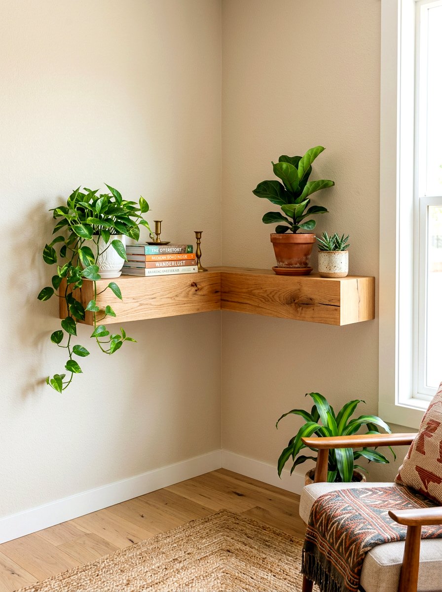 Floating Wood Corner Shelf - 30 living room corner shelf ideas