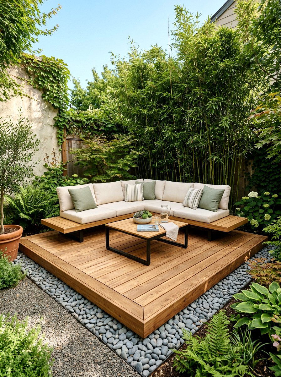 Floating Wood Deck - 30 no grass backyard ideas