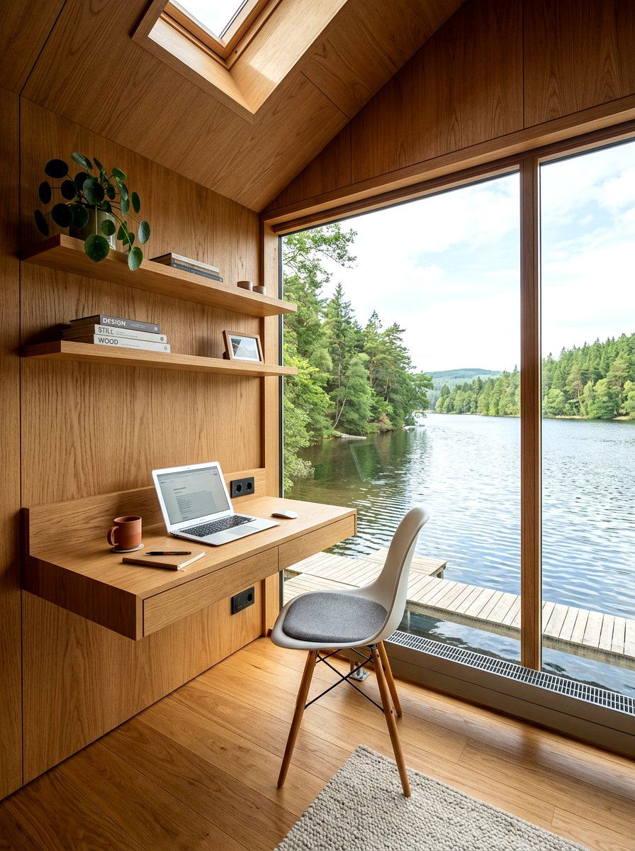 Floating Wood Home Office - 30 soft minimal apartment ideas