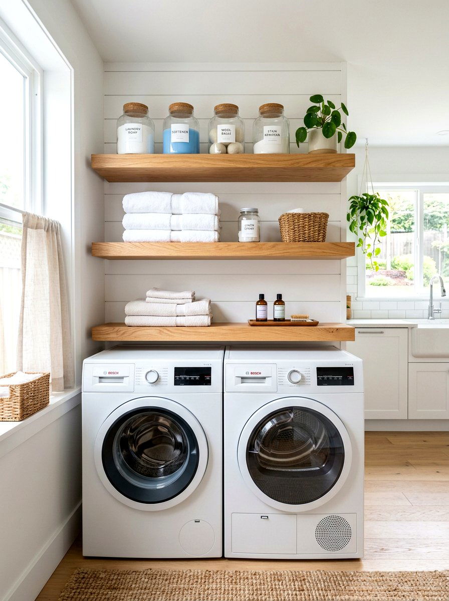 Floating Wood Laundry Shelves - 30 laundry closet ideas