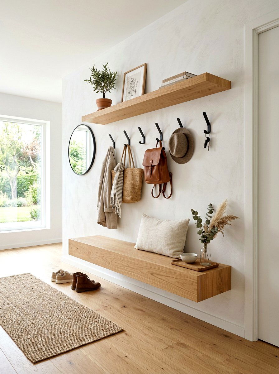 Floating Wood Mudroom Rack - 30 open mudroom shelving ideas