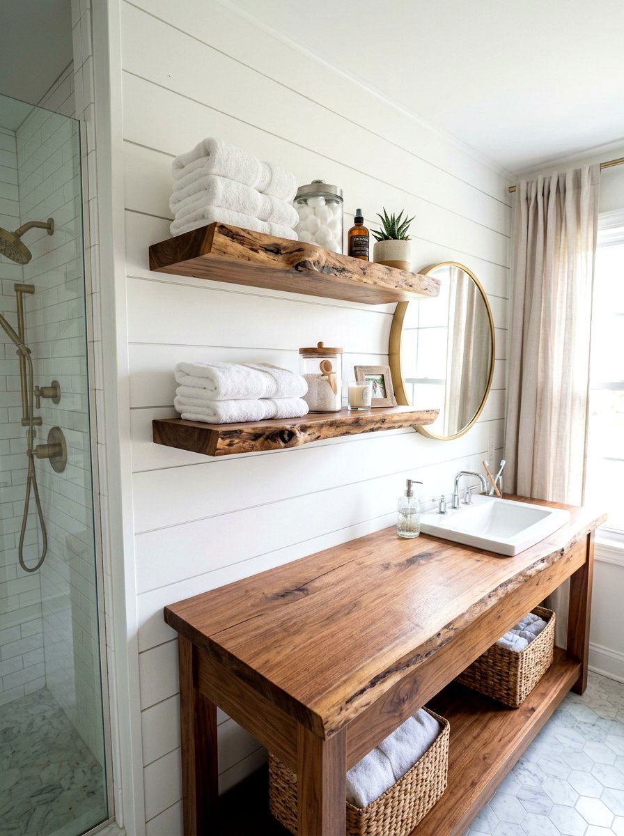 Floating Wood Shelf - 30 cabin bathroom ideas