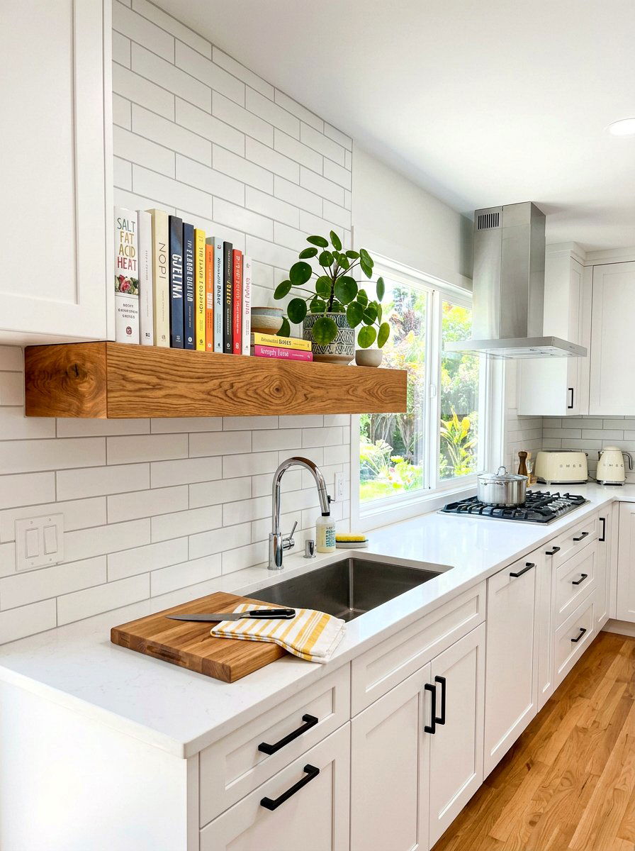 Floating Wood Shelf - 30 cookbook kitchen shelf ideas