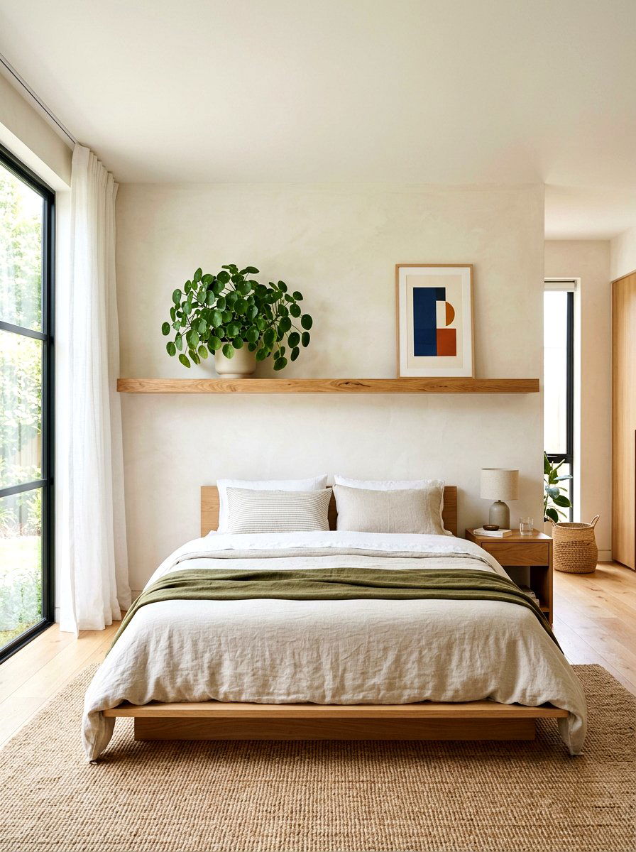 Floating Wood Shelf - 30 Japandi bedroom ideas