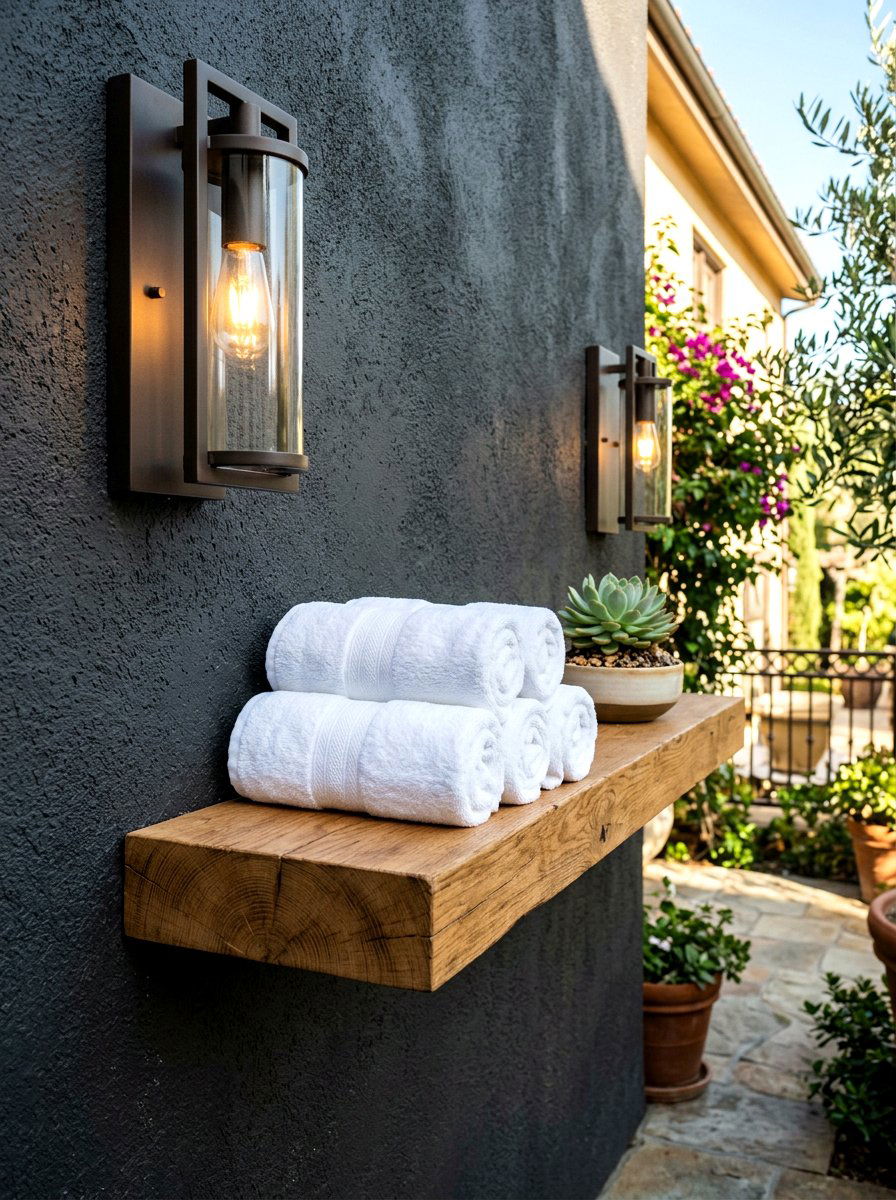 Floating Wood Shelf - 30 outdoor towel storage ideas