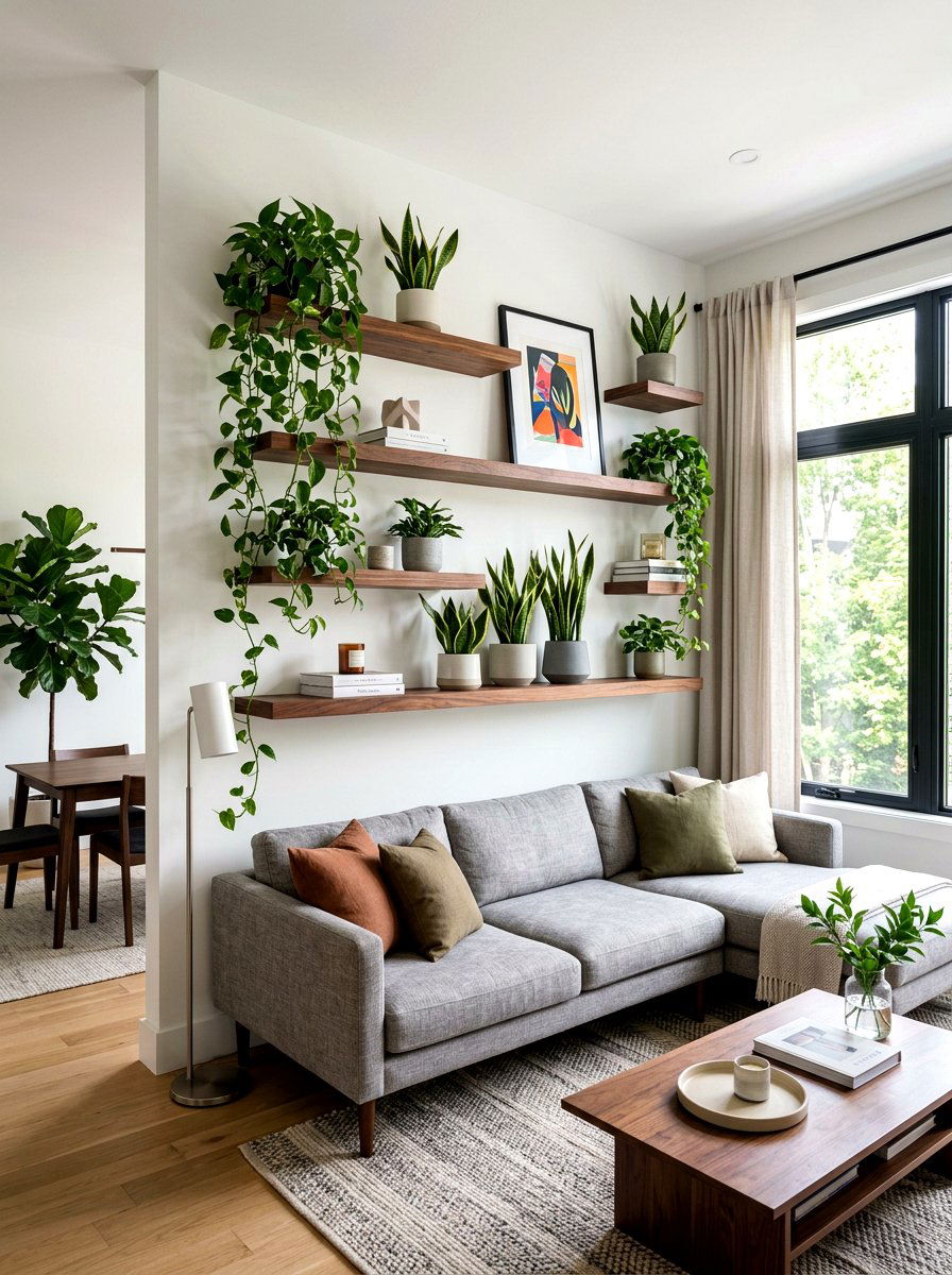 Floating Wood Shelf - 30 apartment plant shelf ideas