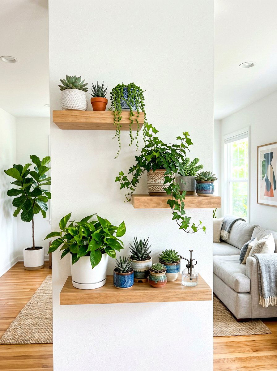 Floating Wood Shelf Garden - 30 hanging wall garden ideas