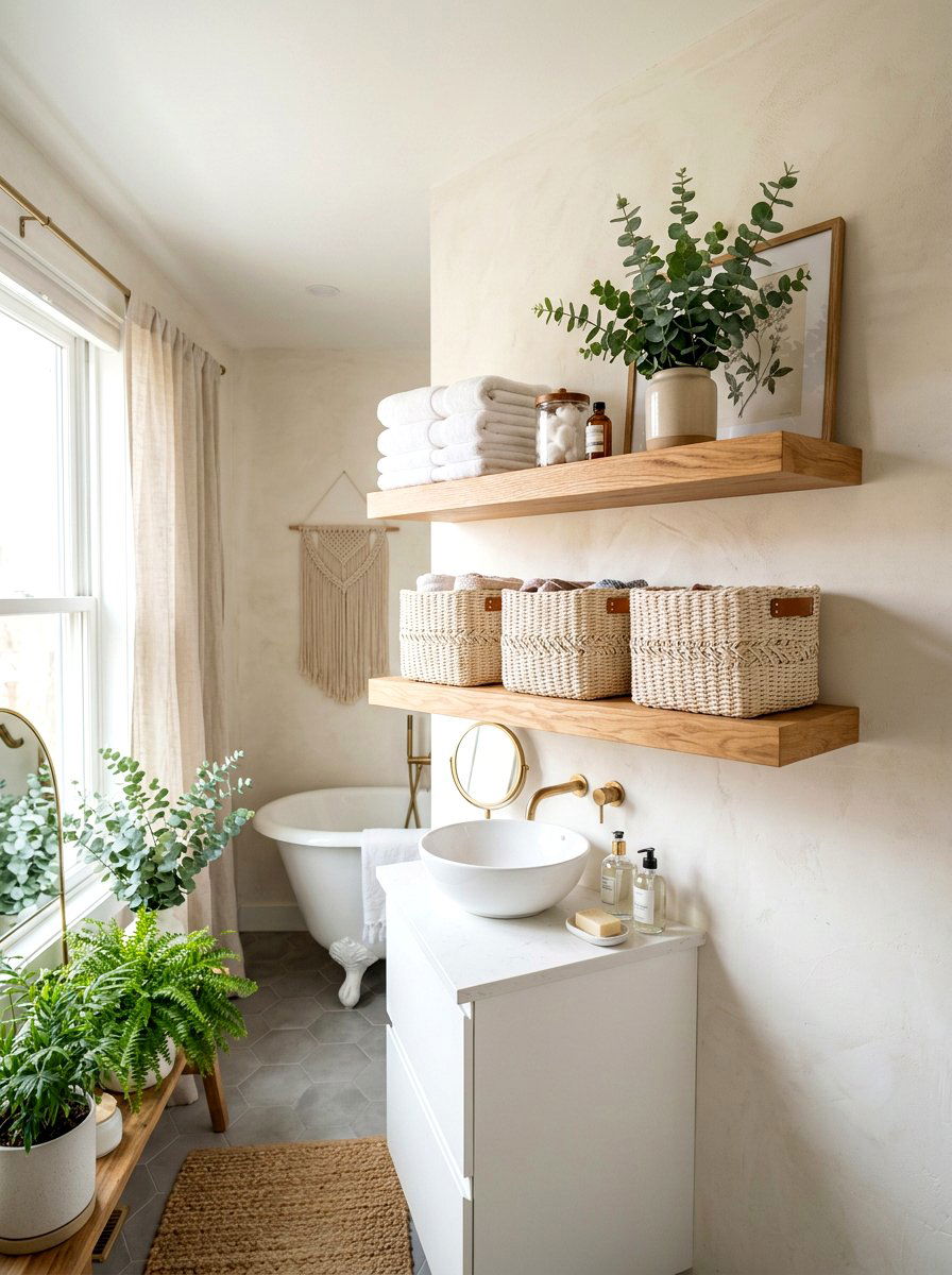 Floating Wood Shelf Wicker Basket - 30 bathroom basket storage ideas