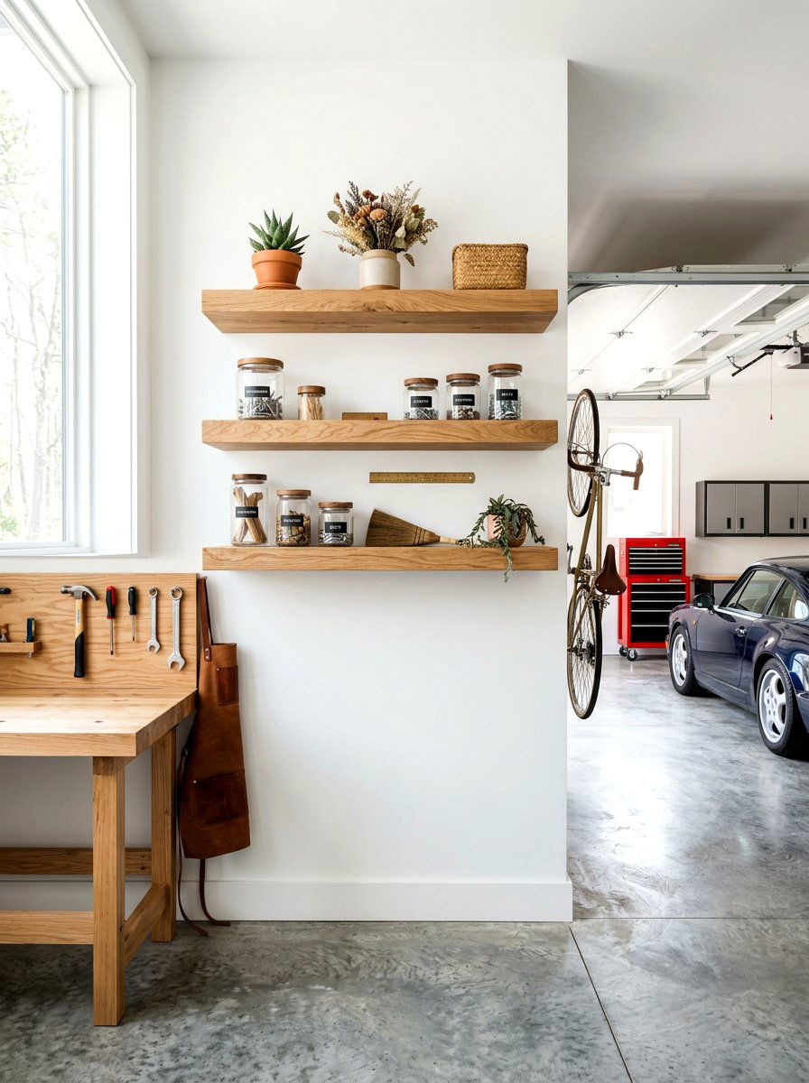 Floating Wood Shelf - 30 clean garage aesthetic ideas