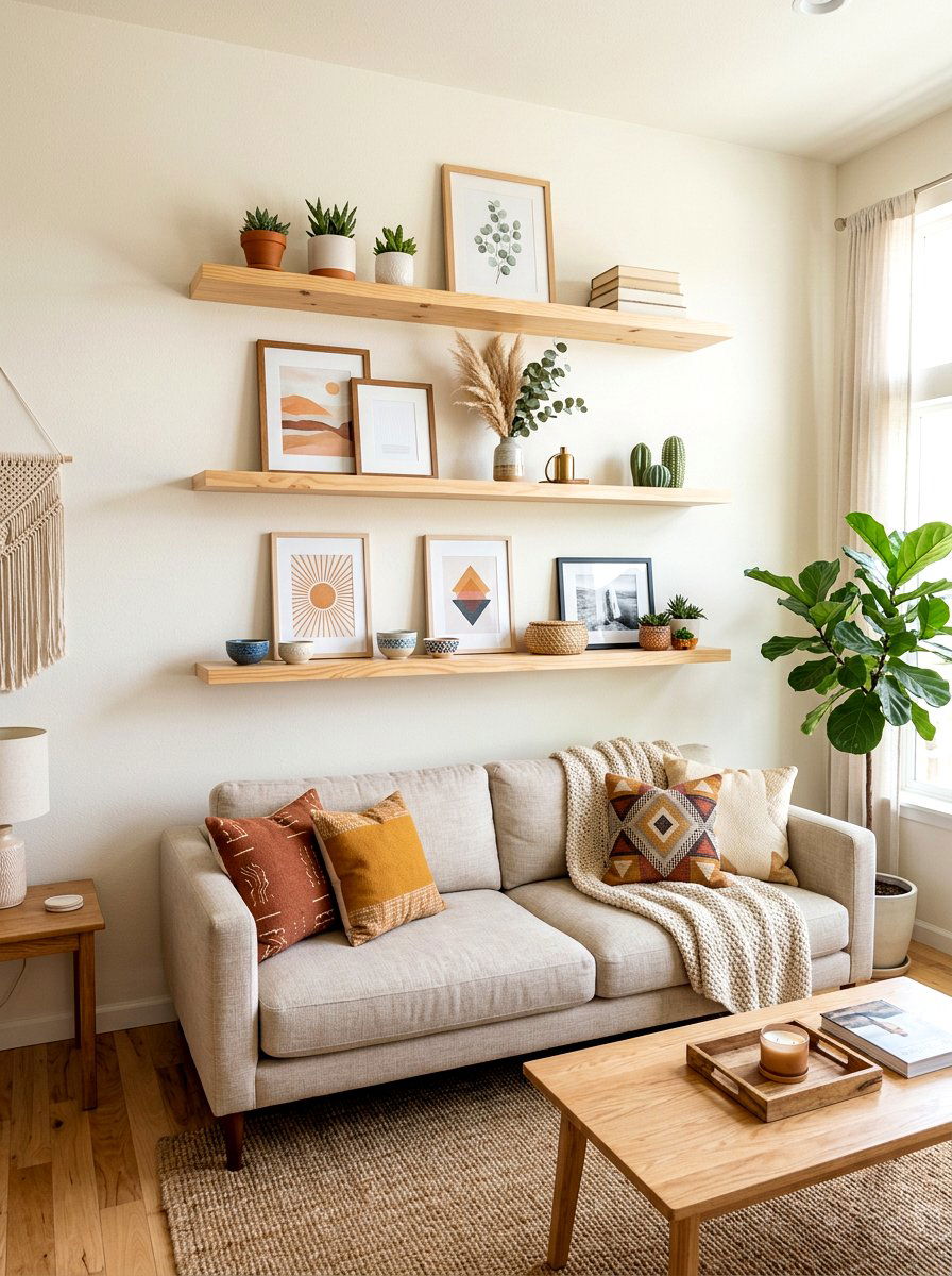 Floating Wood Shelves - 30 behind sofa decor ideas