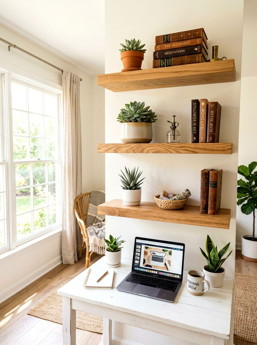 Floating Wood Shelves - 30 home office storage ideas