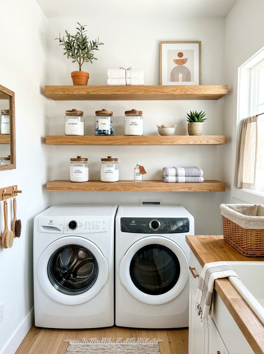Floating Wood Shelves - 30 laundry room storage ideas