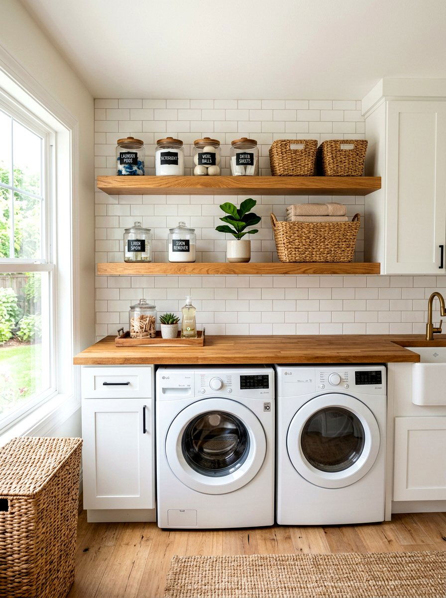 Floating Wood Shelves - 30 laundry room wall decor ideas