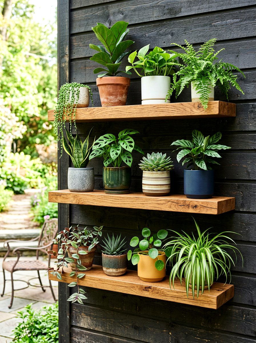 Floating Wood Shelves - 30 outdoor vertical garden ideas