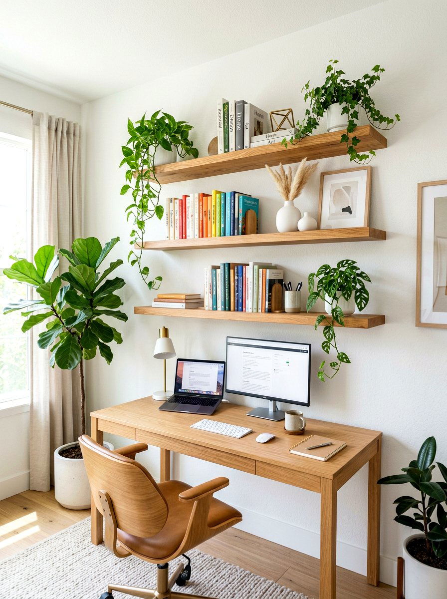 Floating Wood Shelves - 30 calming home office ideas