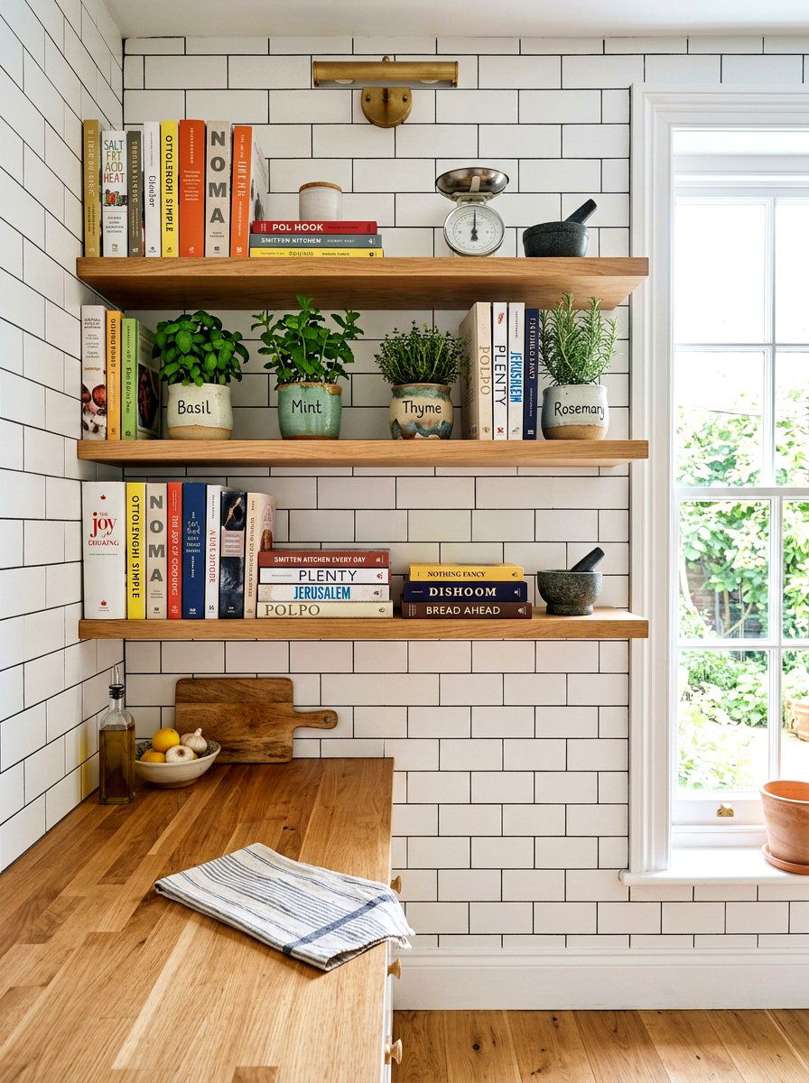 Floating Wood Shelves - 30 physical cookbook kitchen ideas
