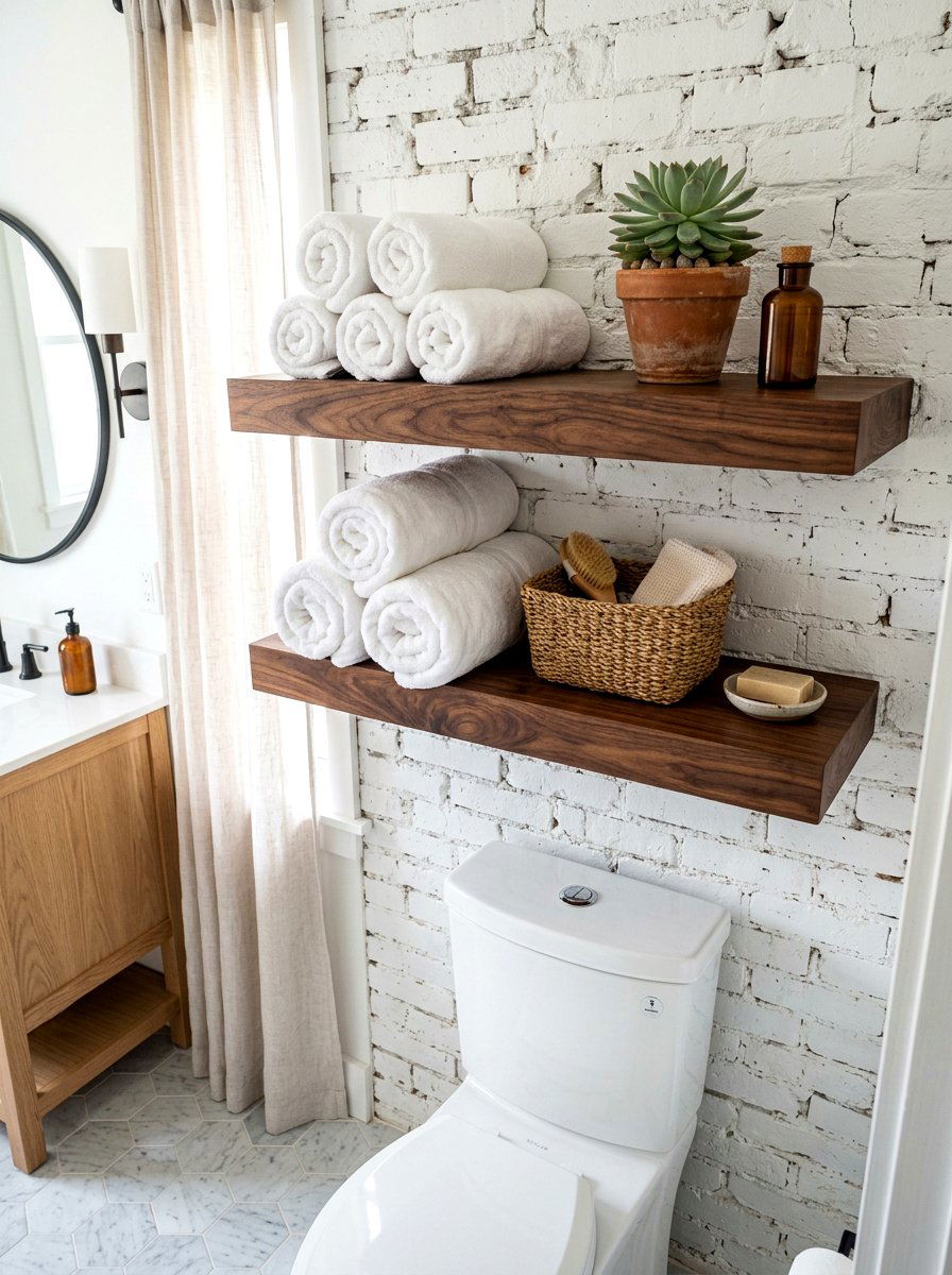 Floating Wood Shelves - 30 tiny apartment bathroom ideas