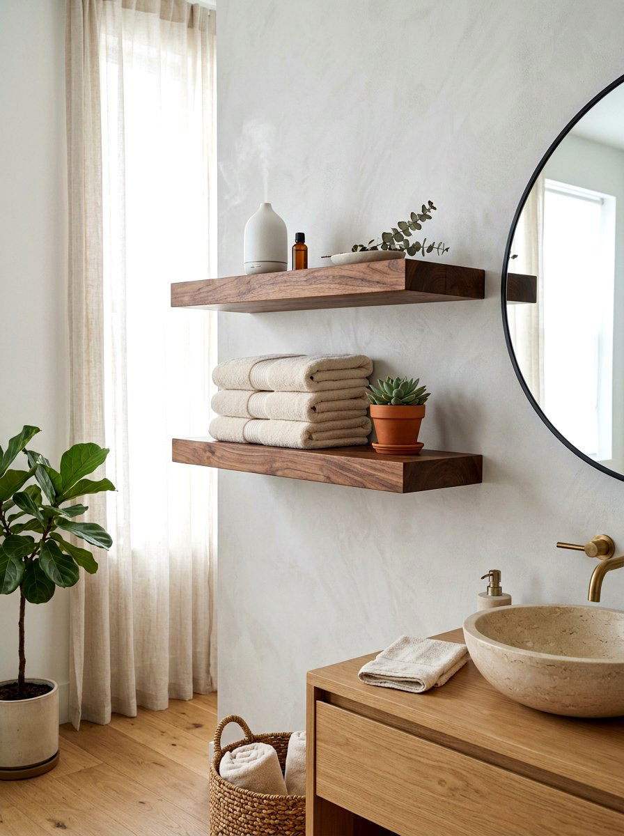 Floating Wood Shelves - 30 towel storage ideas