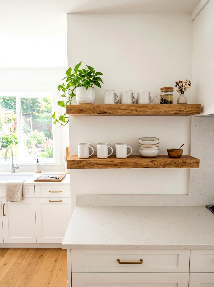 Floating Wood Shelves - 30 warm minimalist home ideas