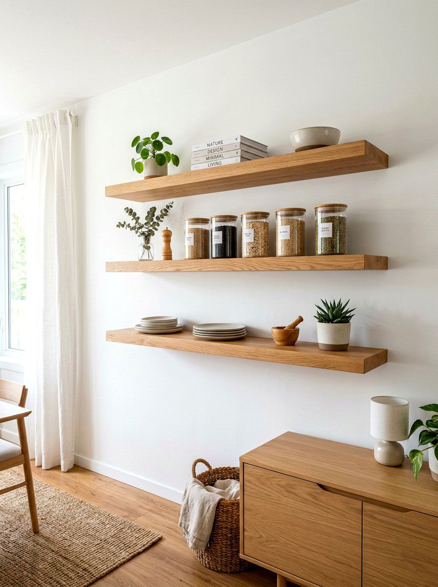 Floating Wood Shelves - 30 zero waste pantry ideas