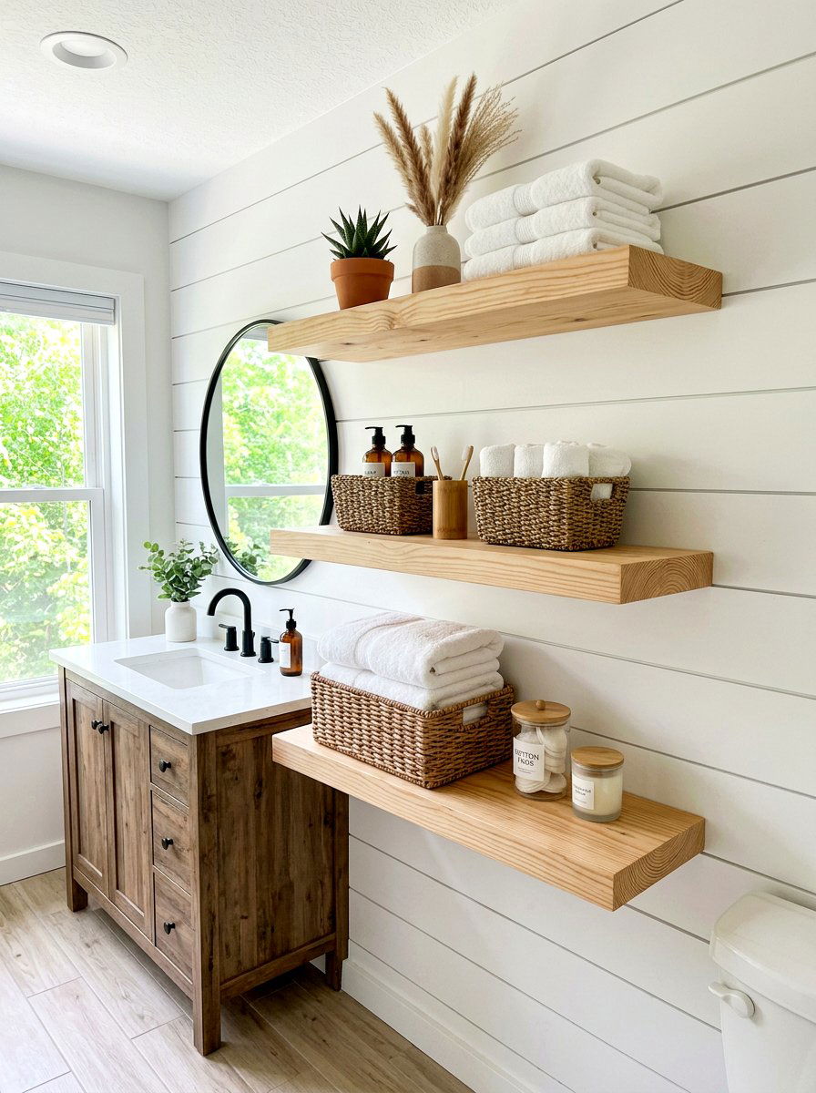 Floating Wood Shelves - 30 condo bathroom ideas