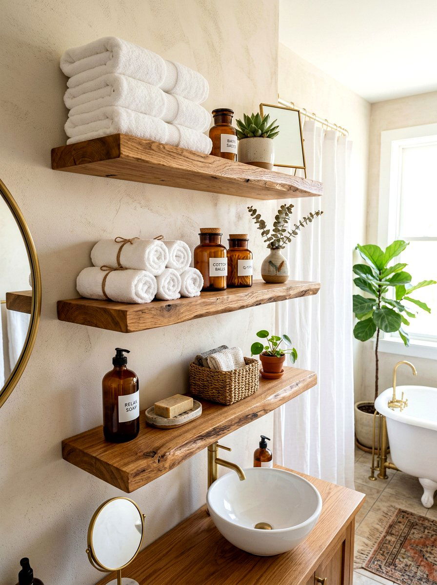 Floating Wood Shelves - 30 rustic spa bathroom ideas