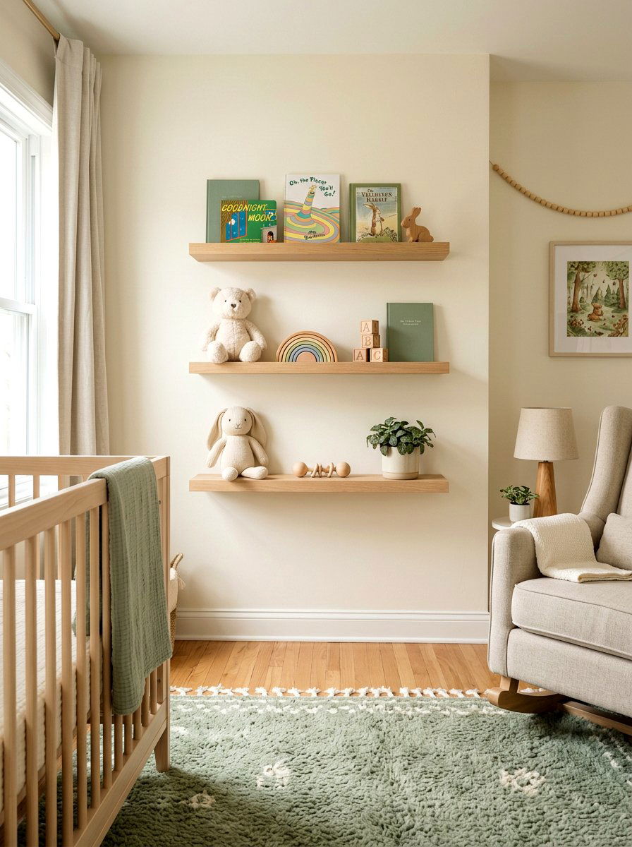 Floating Wood Shelves - 30 sage and cream nursery ideas