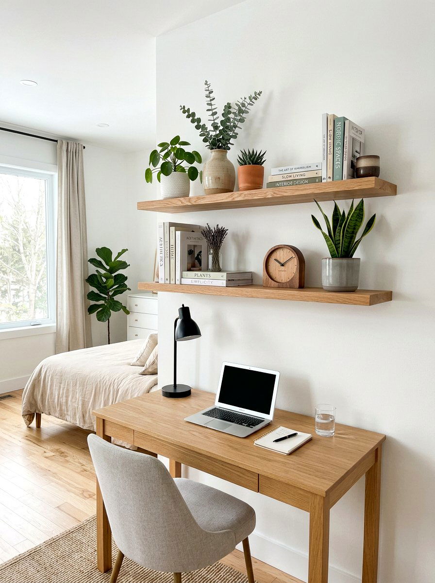 Floating Wood Shelves - 30 earthy bedroom decor ideas