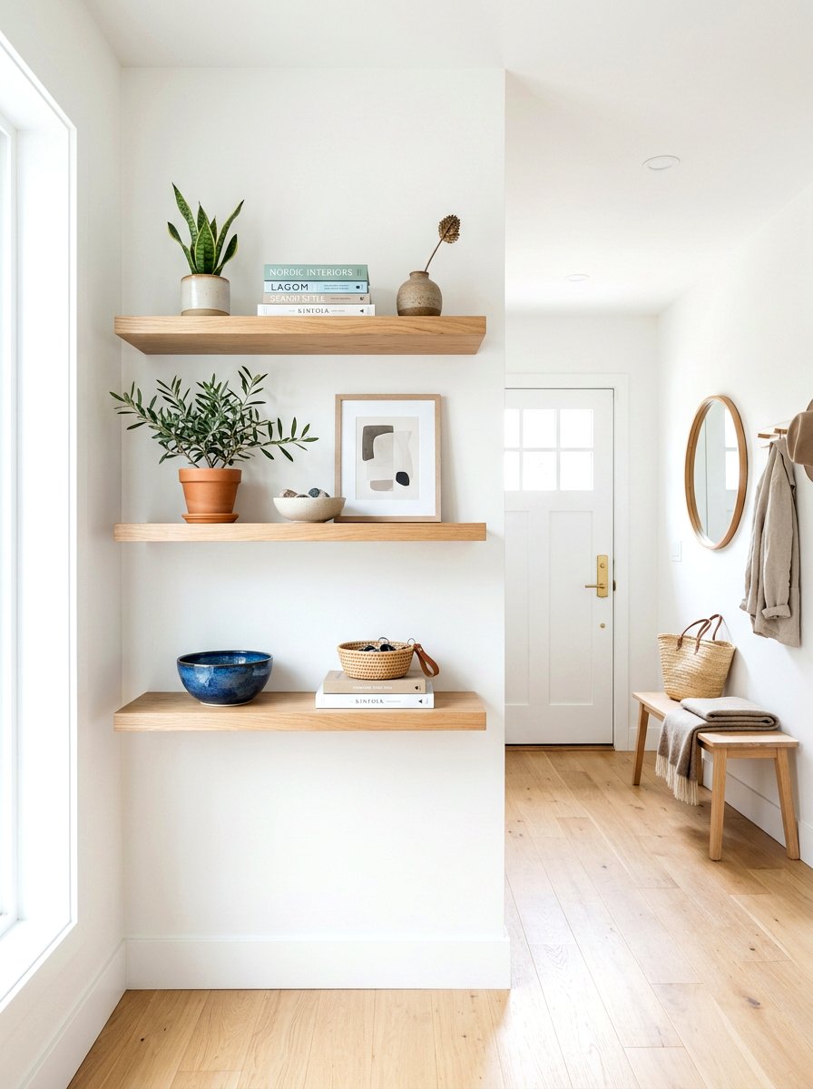Floating Wood Shelves - 30 entryway wall decor ideas