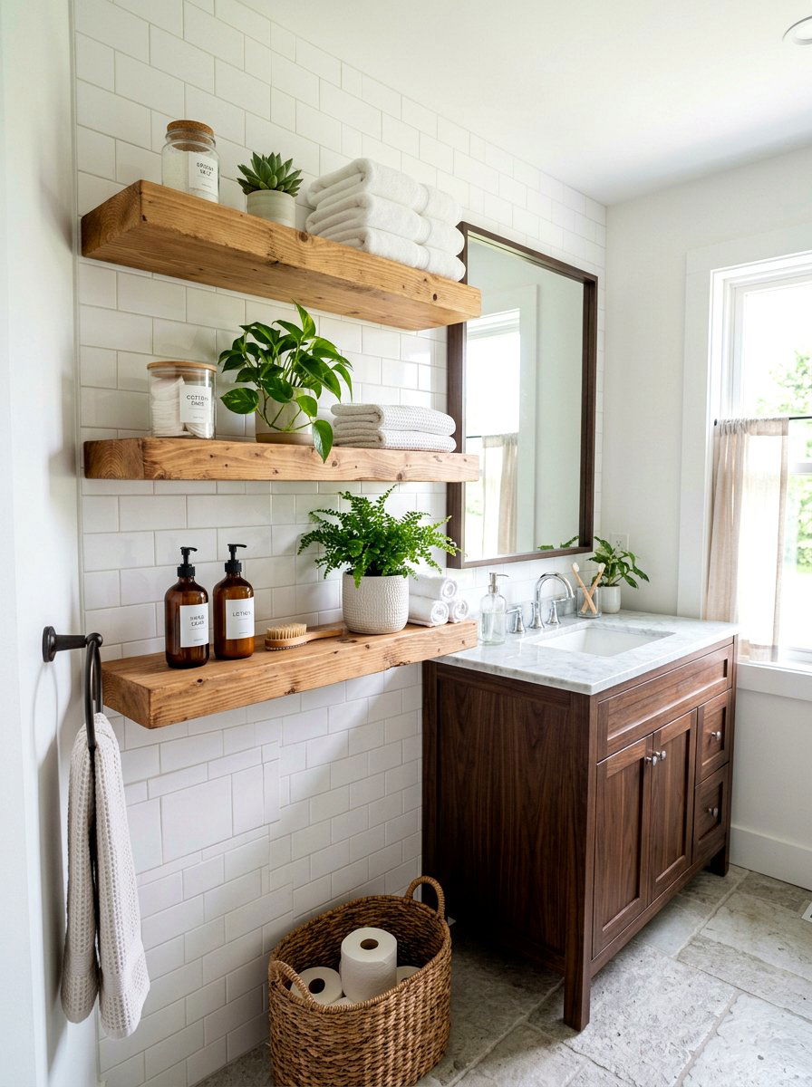 Floating Wood Shelves - 30 farmhouse bathroom ideas