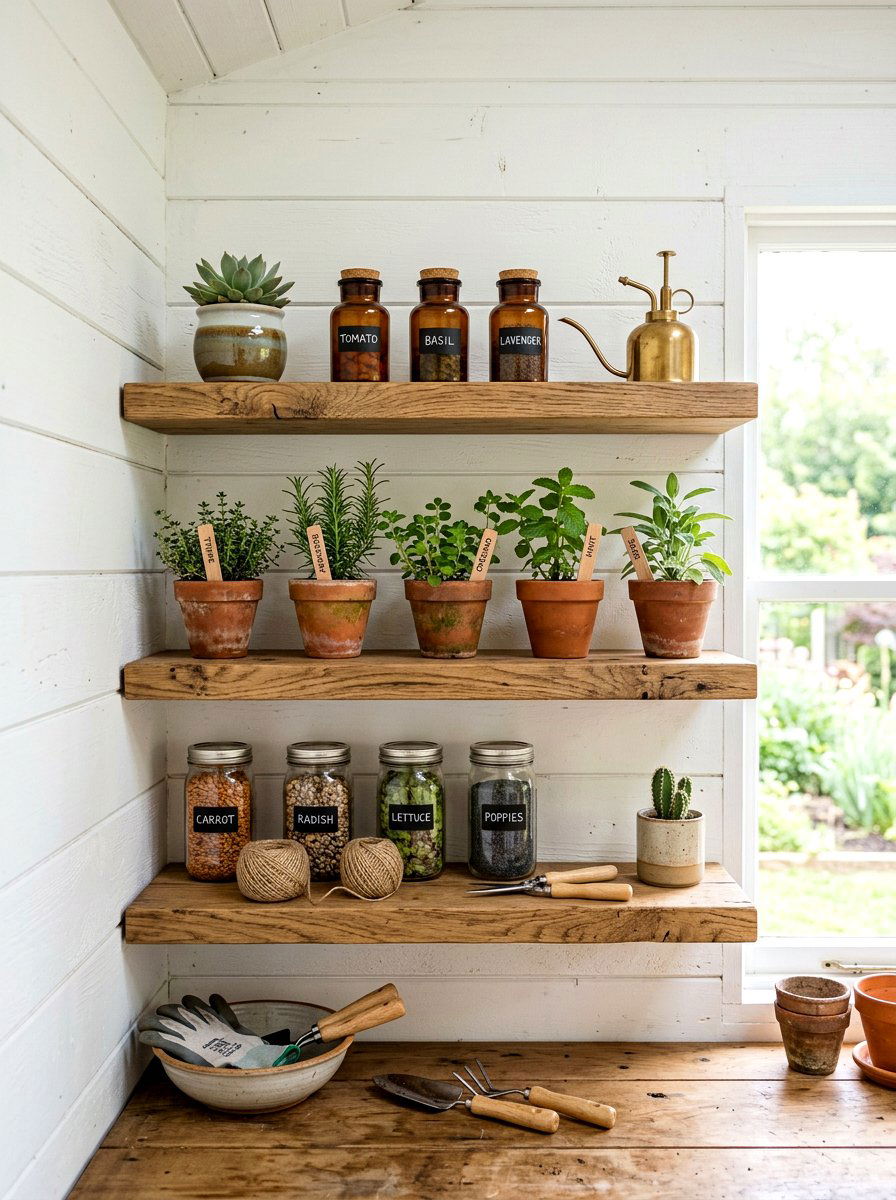 Floating Wood Shelves - 30 garden shed storage ideas