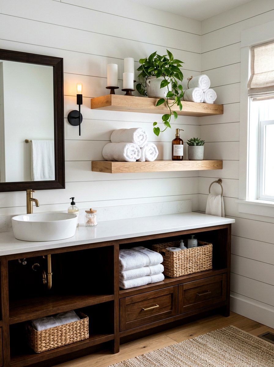 Floating Wood Shelves Bathroom - 30 guest powder room decor ideas