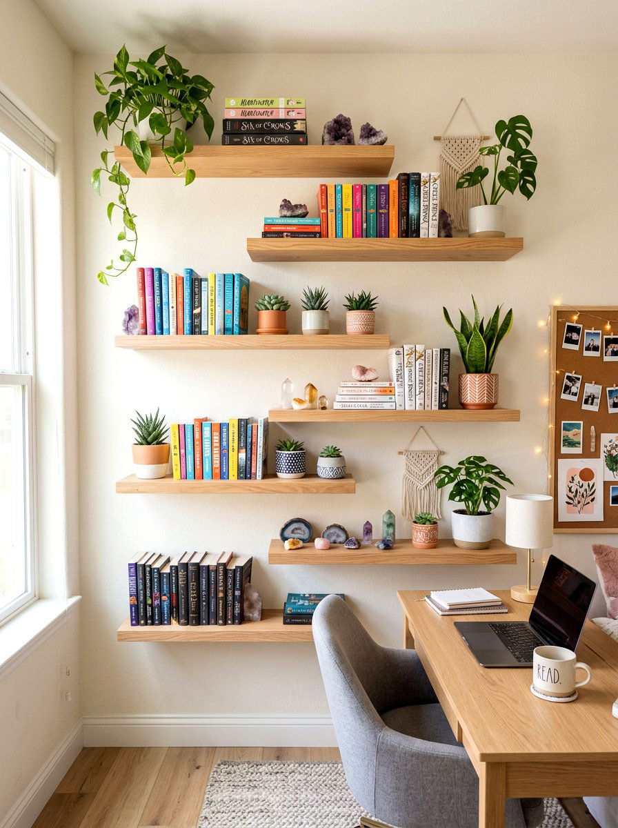 Floating Wood Shelves Display - 30 boho teen room ideas