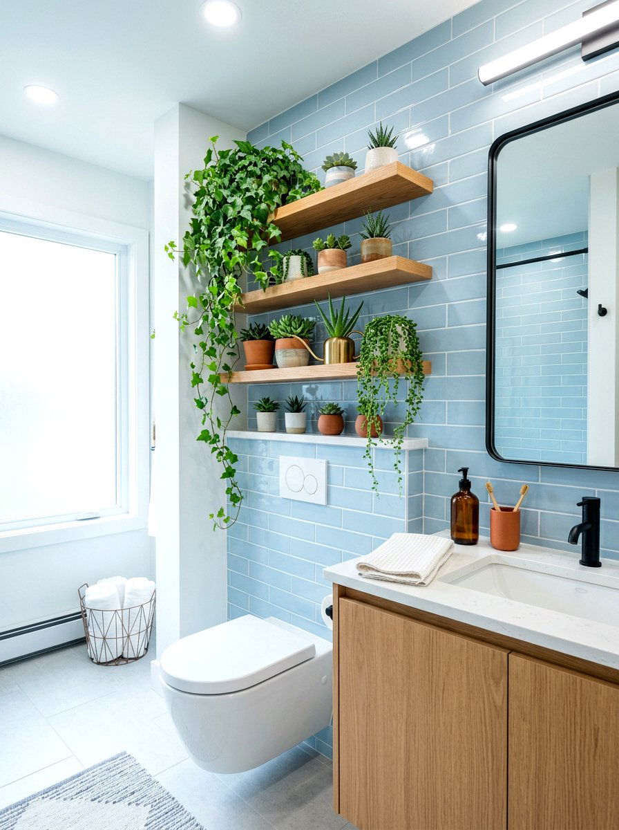 Floating Wood Shelves For Plants - 30 bathroom jungle ideas