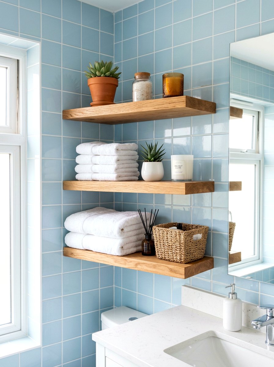 Floating Wood Shelves - 30 bathroom storage ideas