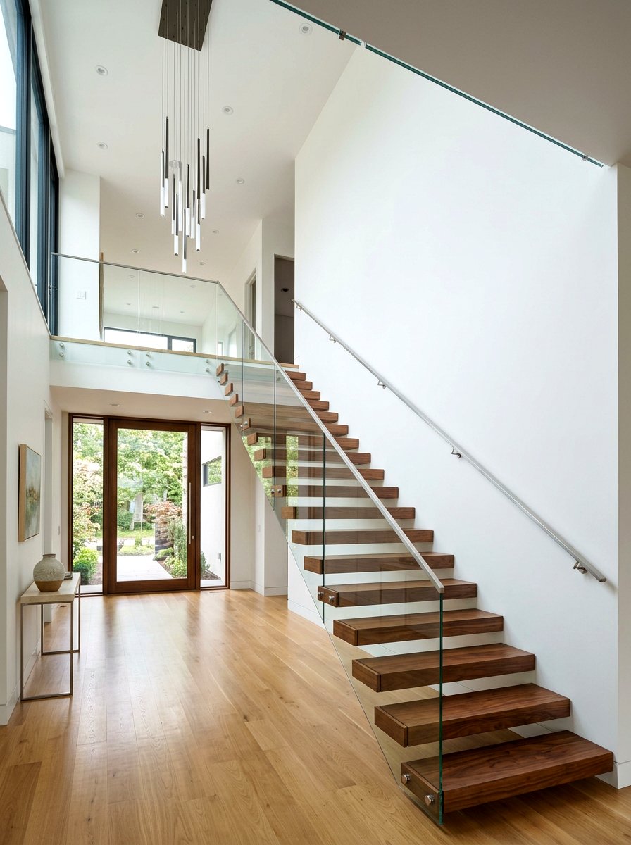Floating Wood Staircase Entry - 30 double height foyer ideas