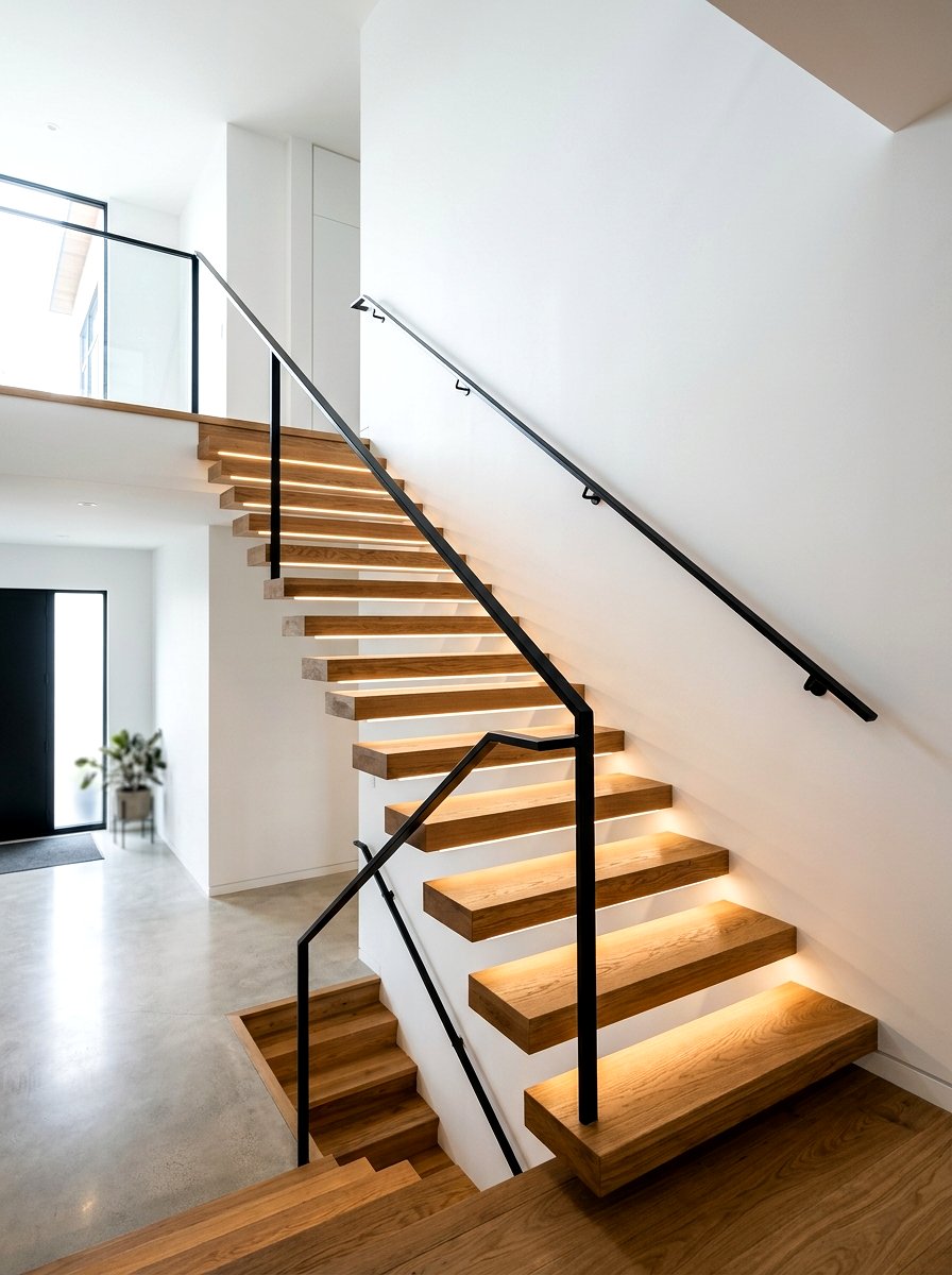 Floating Wood Staircase LED Strip - 30 stair lighting ideas