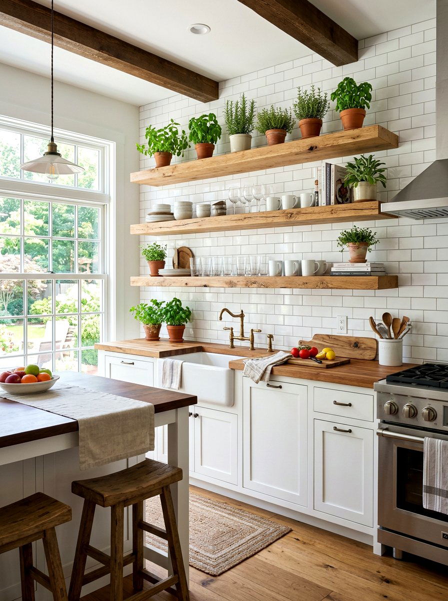 Floating Wooden Shelves - 30 cookbook display kitchen ideas