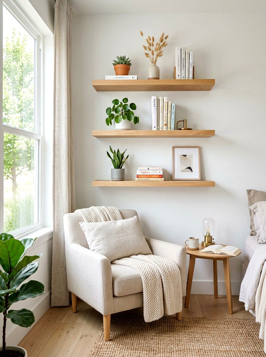 Floating Wooden Shelves - 30 spring bedroom glow up ideas
