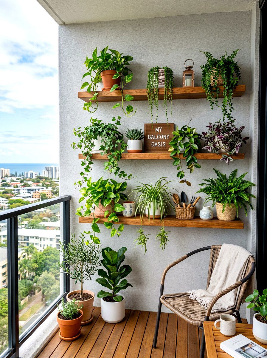 Floating Wooden Shelves For Plants - 30 balcony vertical garden ideas