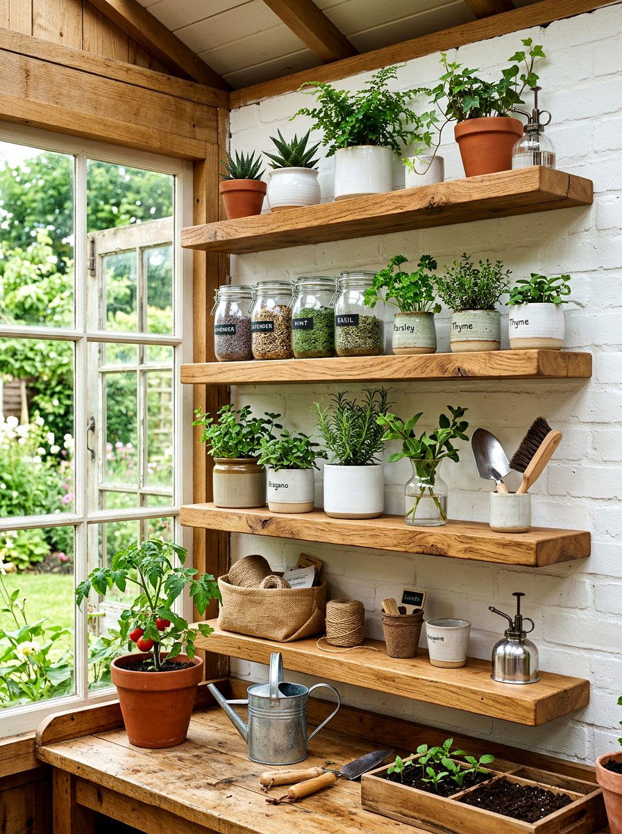 Floating Wooden Shelves - 30 garden tool organizer ideas