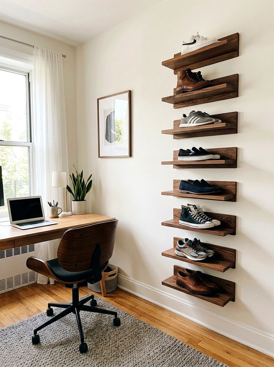Floating Wooden Shoe Ledges - 30 apartment shoe wall ideas