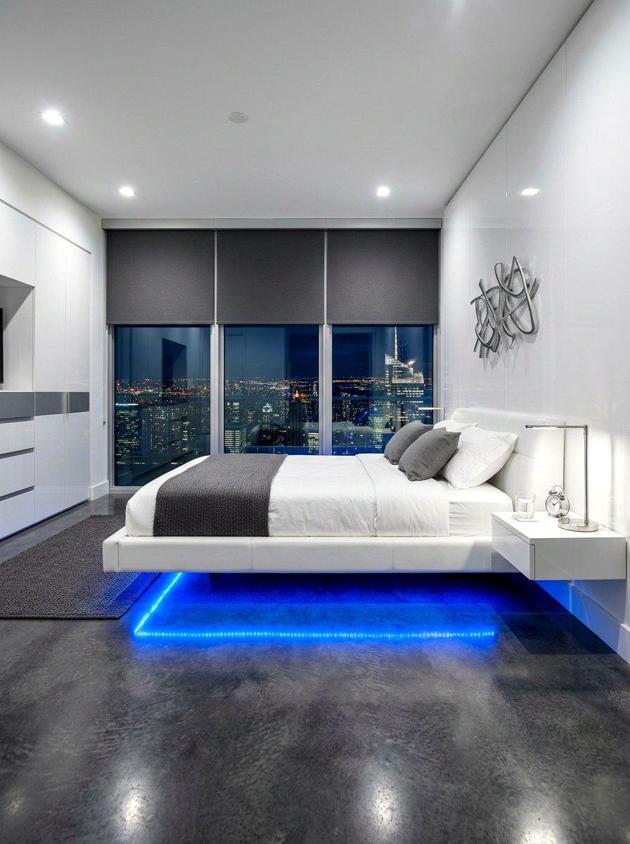 Floating bed LED bedroom design - 30 futuristic glam bedroom ideas