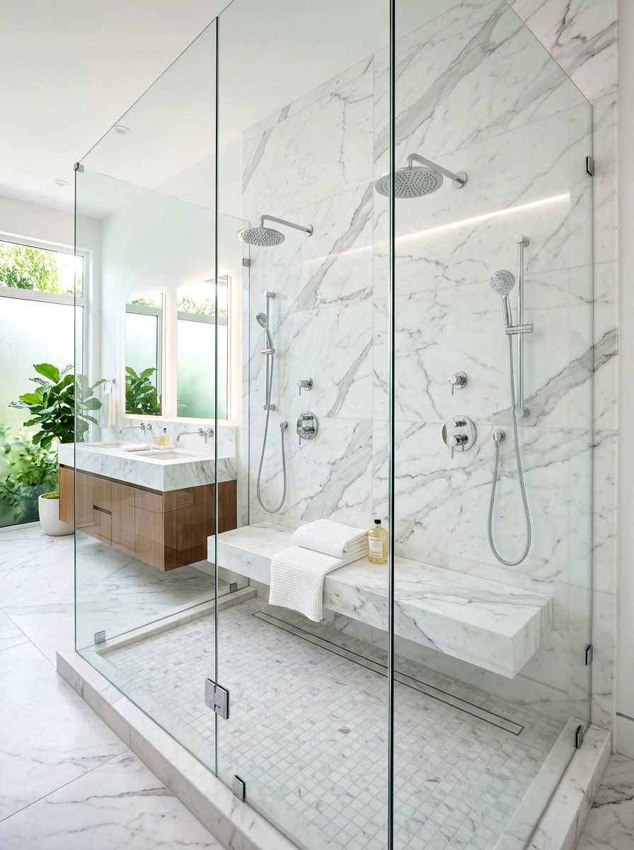 Floating bench double shower - 30 double shower bathroom ideas