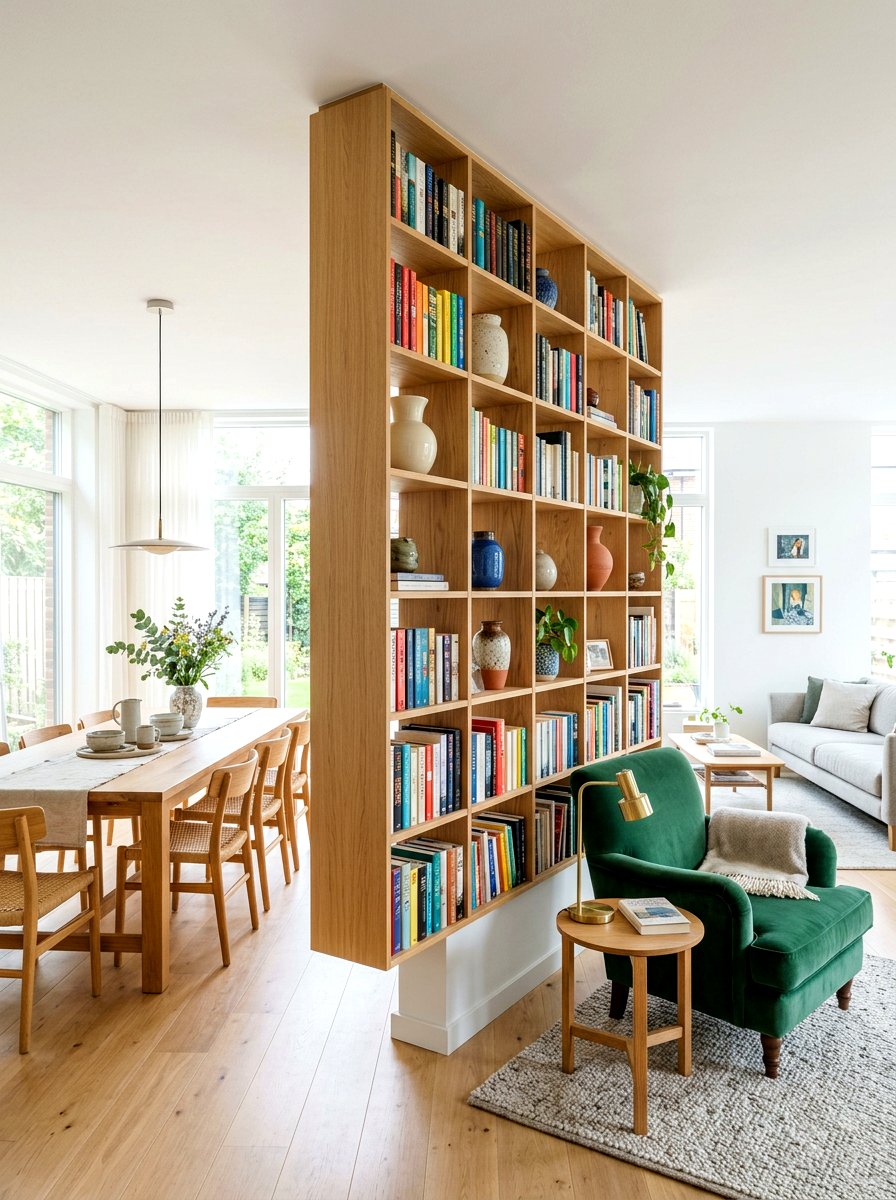 Floating bookshelves divider - 30 zoned open concept ideas