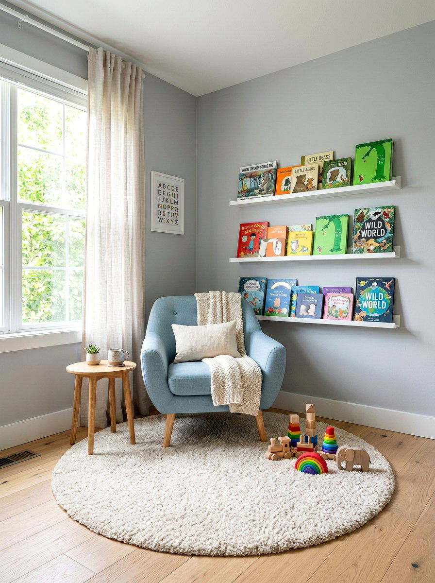 Floating bookshelves nursery - 30 nursery reading corner ideas aesthetic