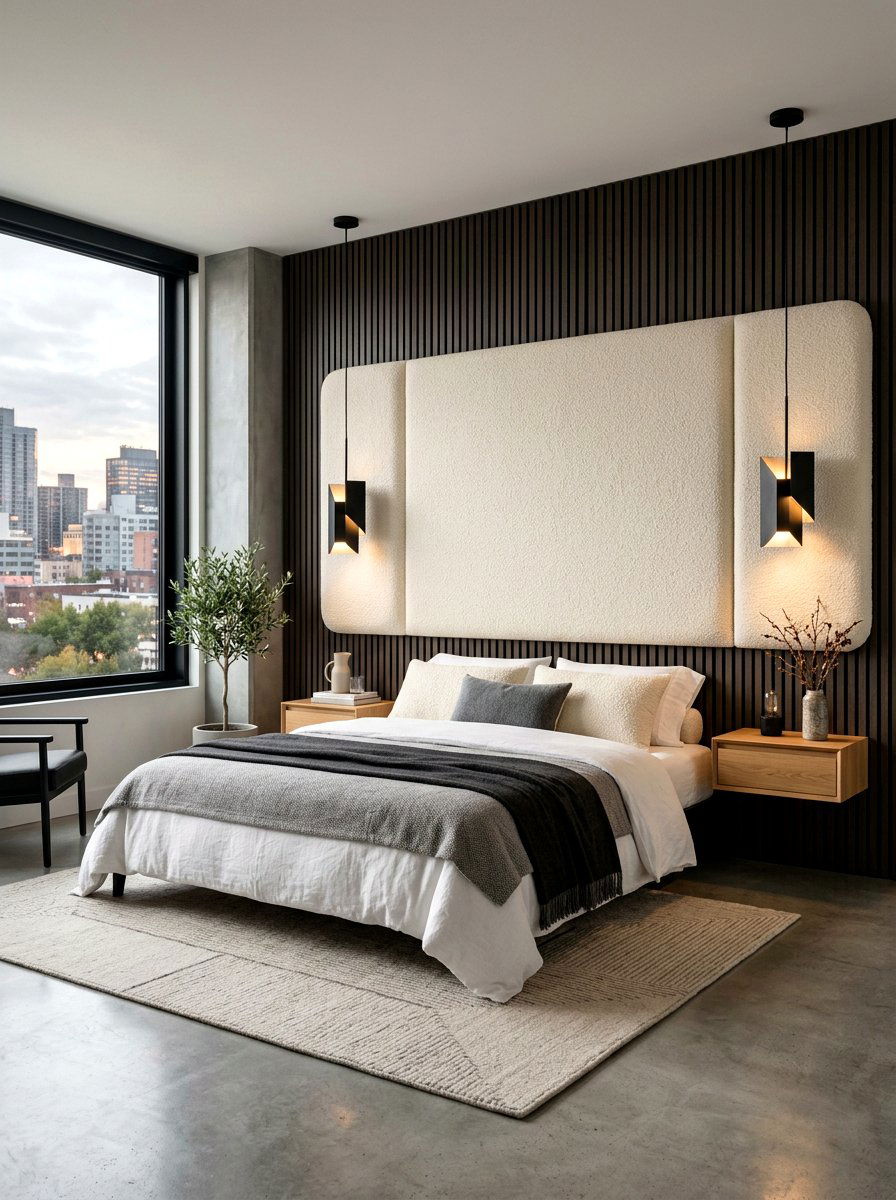 Floating boucle headboard panel - 30 boucle headboard ideas