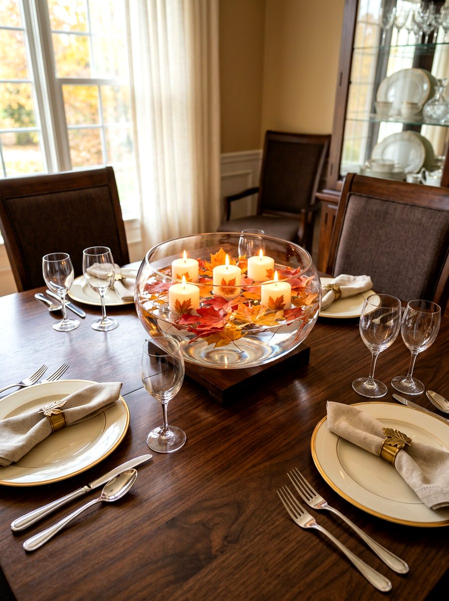 Floating candles with fall leaves - 30 candle heavy fall decor ideas